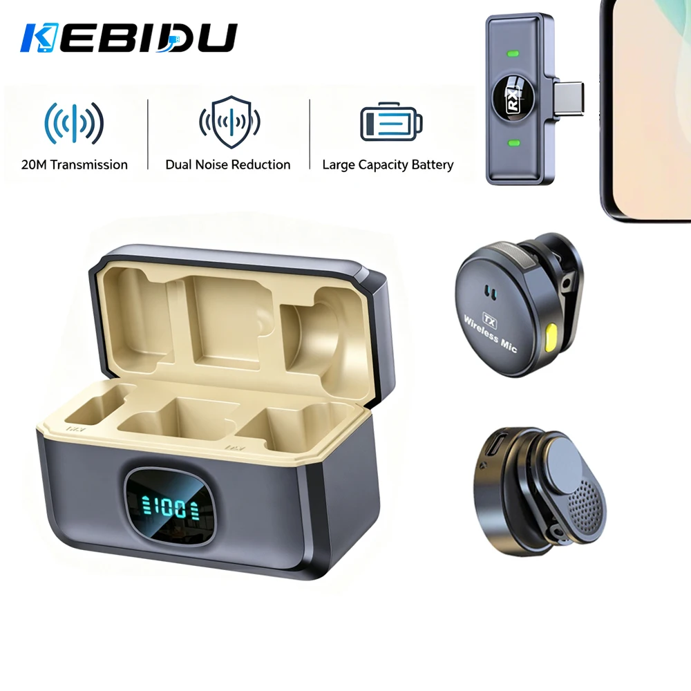 KEBIDU Wireless Lavalier Microphone 1 to 2 Double Noise Reduction HiFi Stereo Mic Mini Magnetic Microphone For Video Recorde