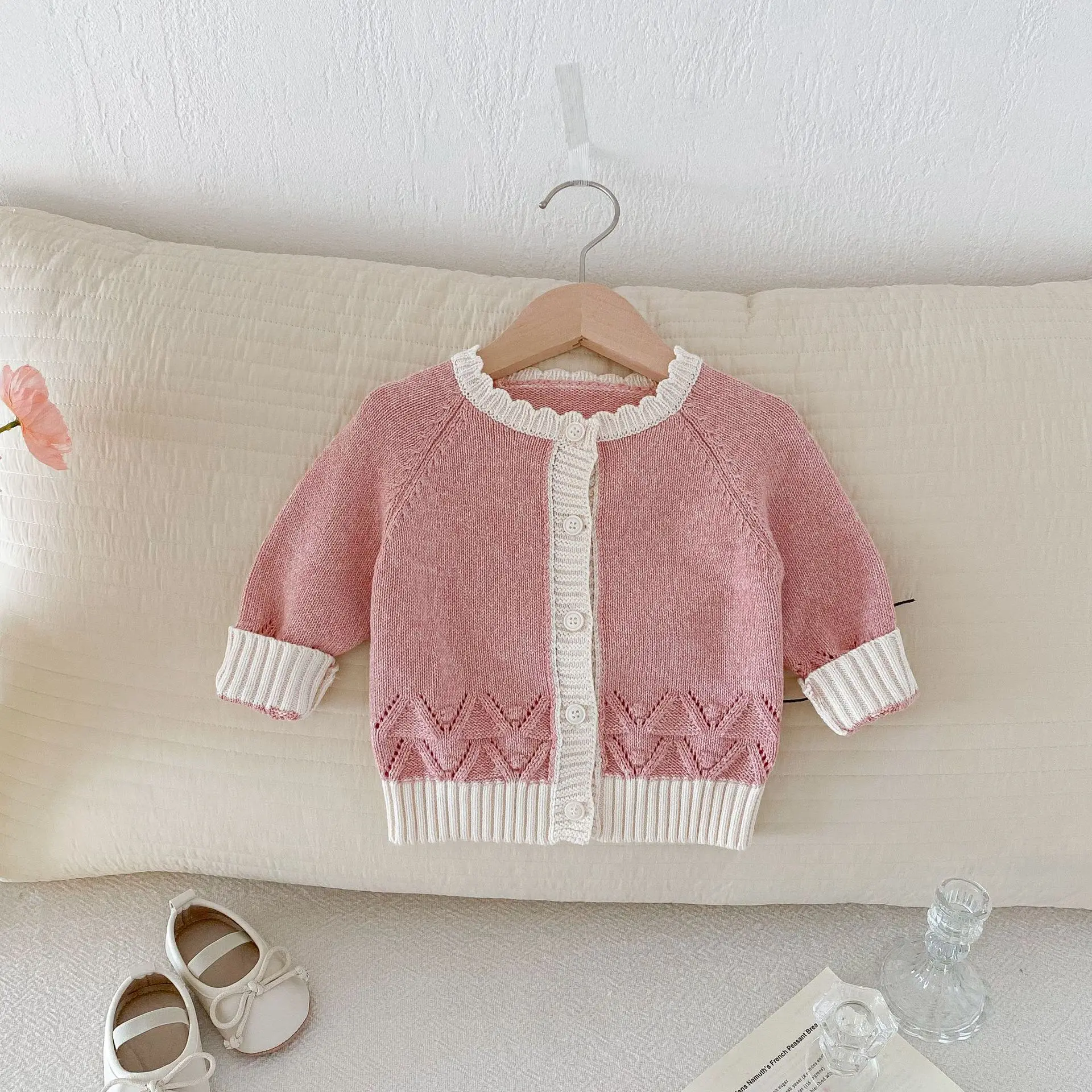 Ins Autumn Baby Girls Knitwears Cotton Contrast Hem Knitted Infant Girls Sweaters Versatile Simple Toddler Girls Coat