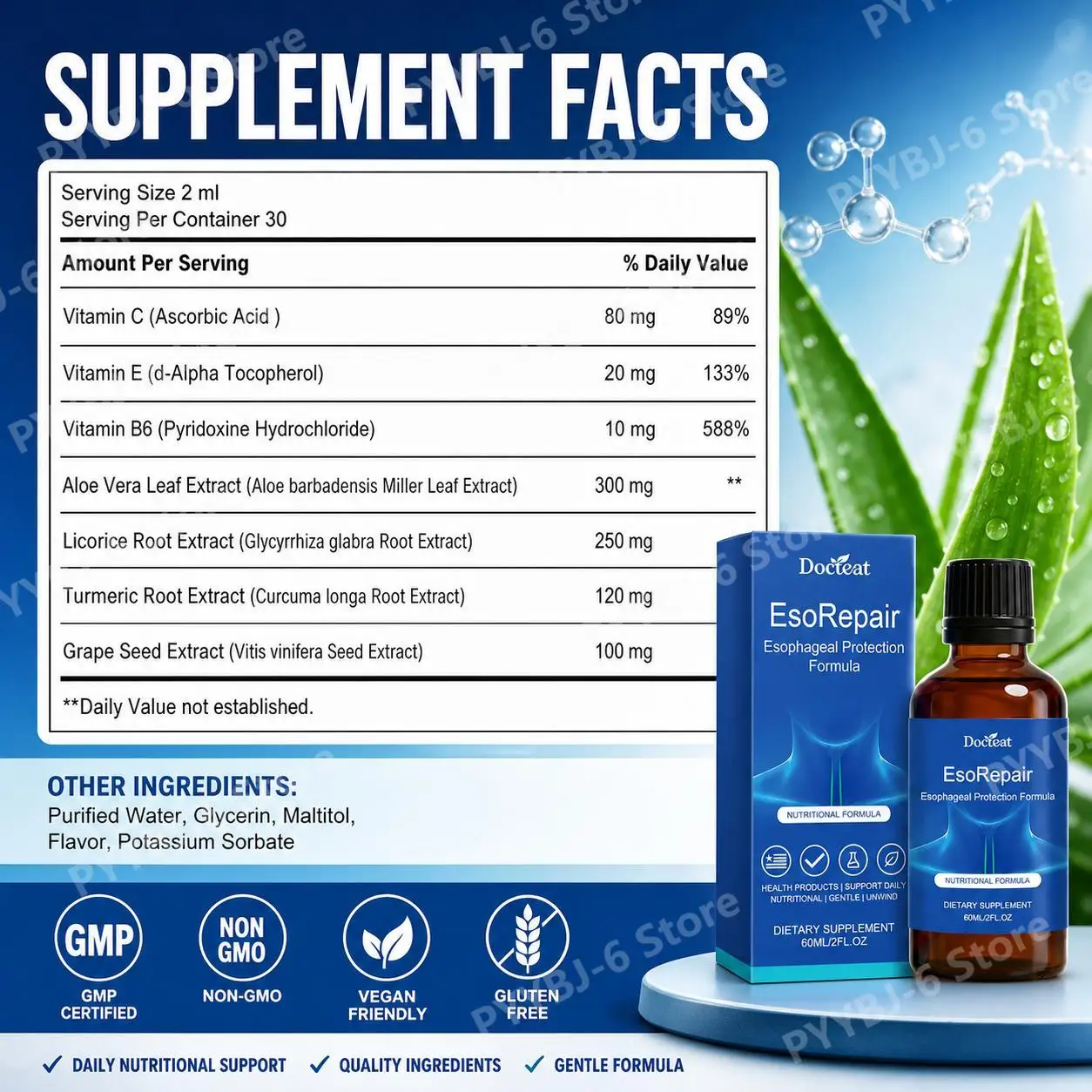 Docteat Digestive Comfort Liquid Drops with Aloe Vera Licorice Turmeric Grape Seed for Stomach Wellness Antioxidant Support 60ml