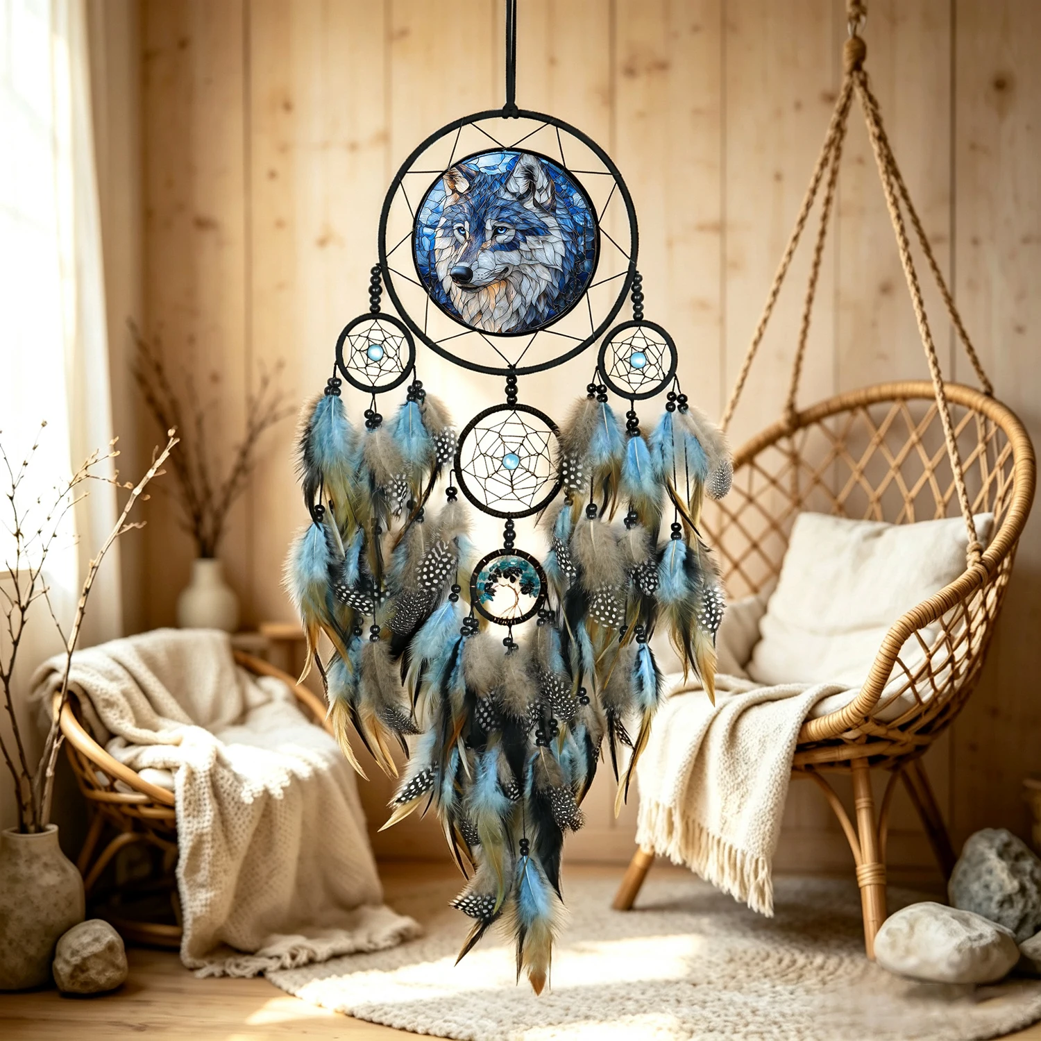 Wolf Totem Dream Catcher Handmade Blue Feather Wall Hanging Bohemian Home Decoration Gardern Wind Chime for Bedroom Wedding Gift