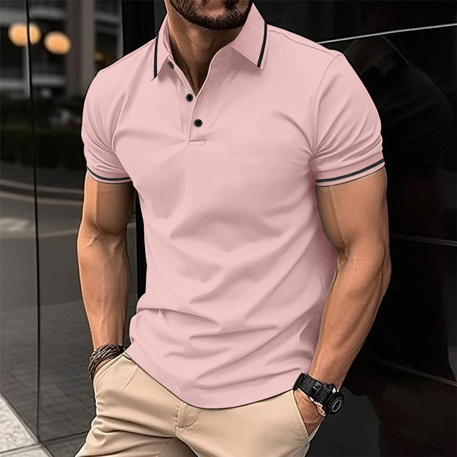 Men's color-blocked trimmed Polo shirt- short sleeve, casual style, buttoned front design