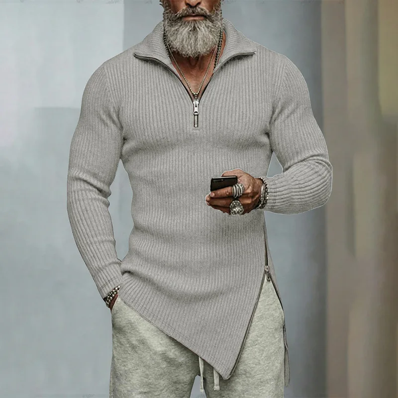 Men Lapel Half Zipper Casual T-shirts Side Fork Fitness Long Sleeve Sweatshirts Irregular Zipper Hem Knitted Pullovers