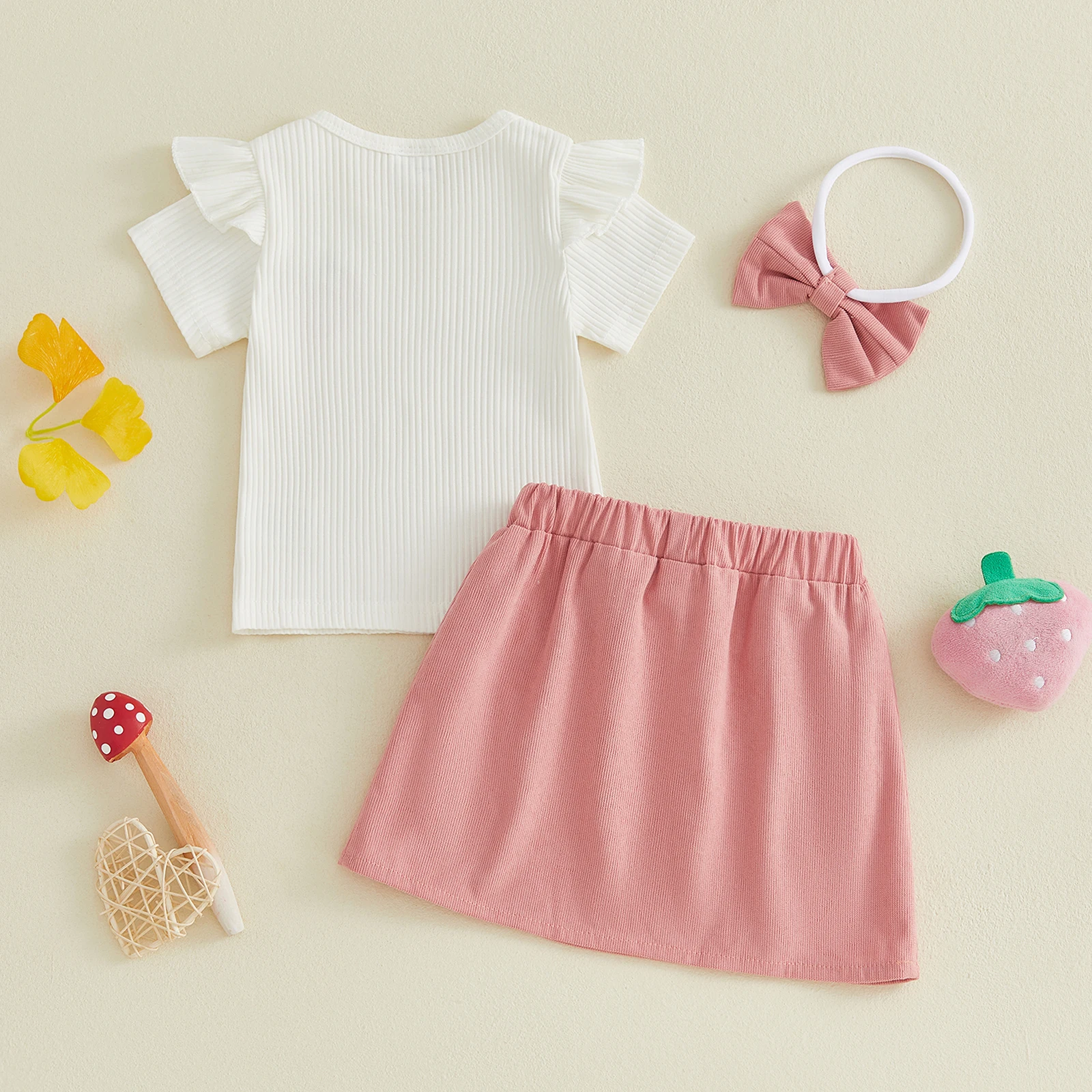 Baby Girl Summer Outfit Strawberry Embroidery Ribbed Short Sleeve T-Shirt and Bow Ruffles Skirt Headband Set