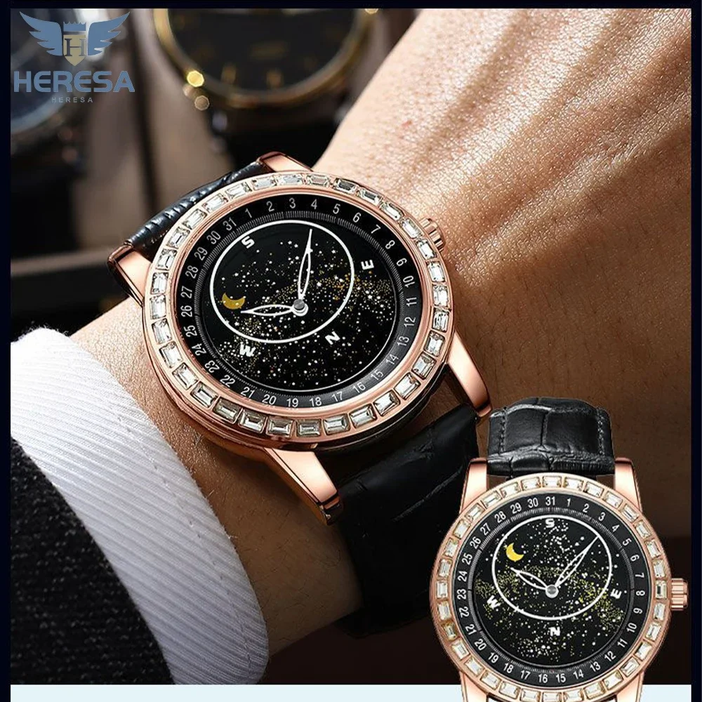 Часы HERESA мужские водонепроницаемые, брендовые оригинальные модные наручные, с диском и движущимися звездами, автоматические, для отдыха