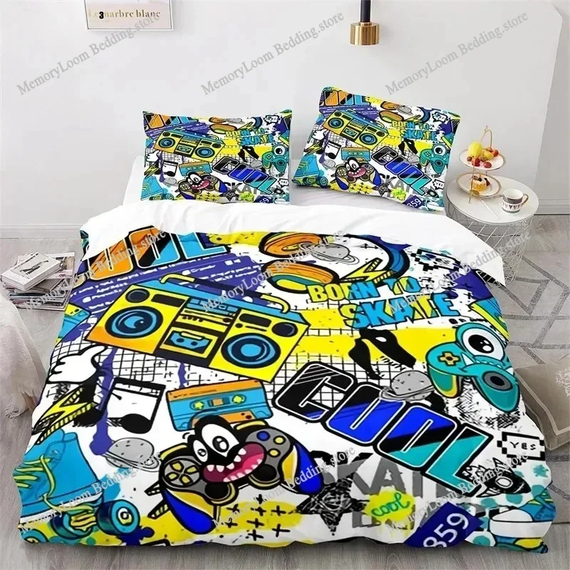 Graffiti Hip Hop Modern Street Art Bedding Set Boys Girls Twin Queen Size Duvet Cover Pillowcase Bed Kids Adult