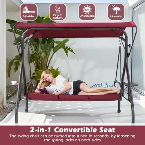 800LBS Patio Swing with Canopy 3 Seat Outdoor Porch Swing with Stand w/Cup Holder & Pillow Glider Chair Swing Bed for