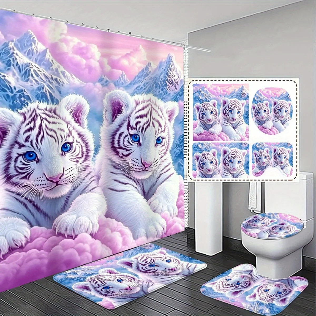 

4 шт., очаровательный набор для ванной комнаты с принтом белого тигра — высококачественная занавеска для душа, нескользящие коврики для ванной и крышка унитаза