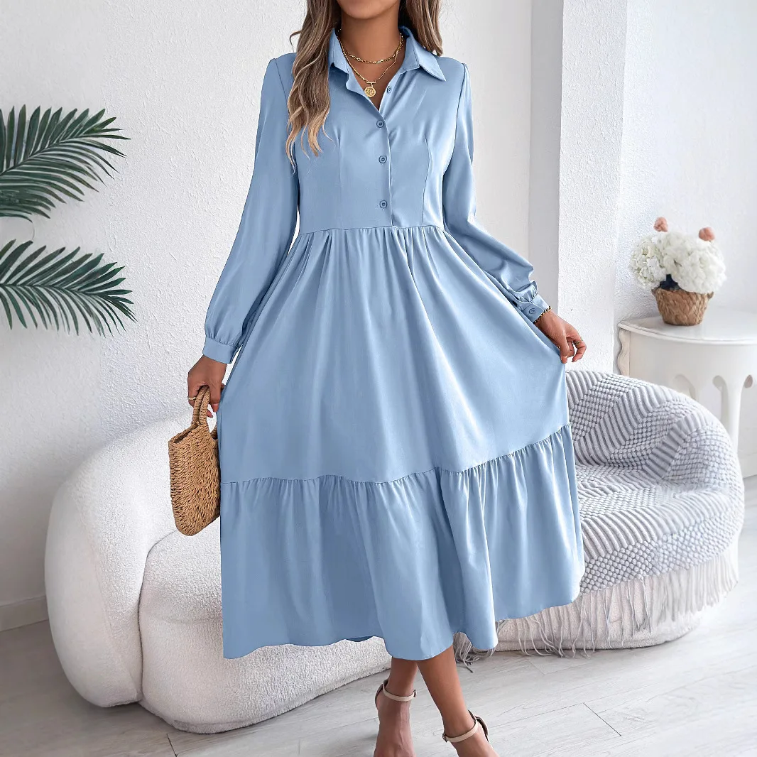 

New Ruffled Long-sleeved Button Dress Women Solid Color Spring Casual Loose Lapel Dress For Women 2025