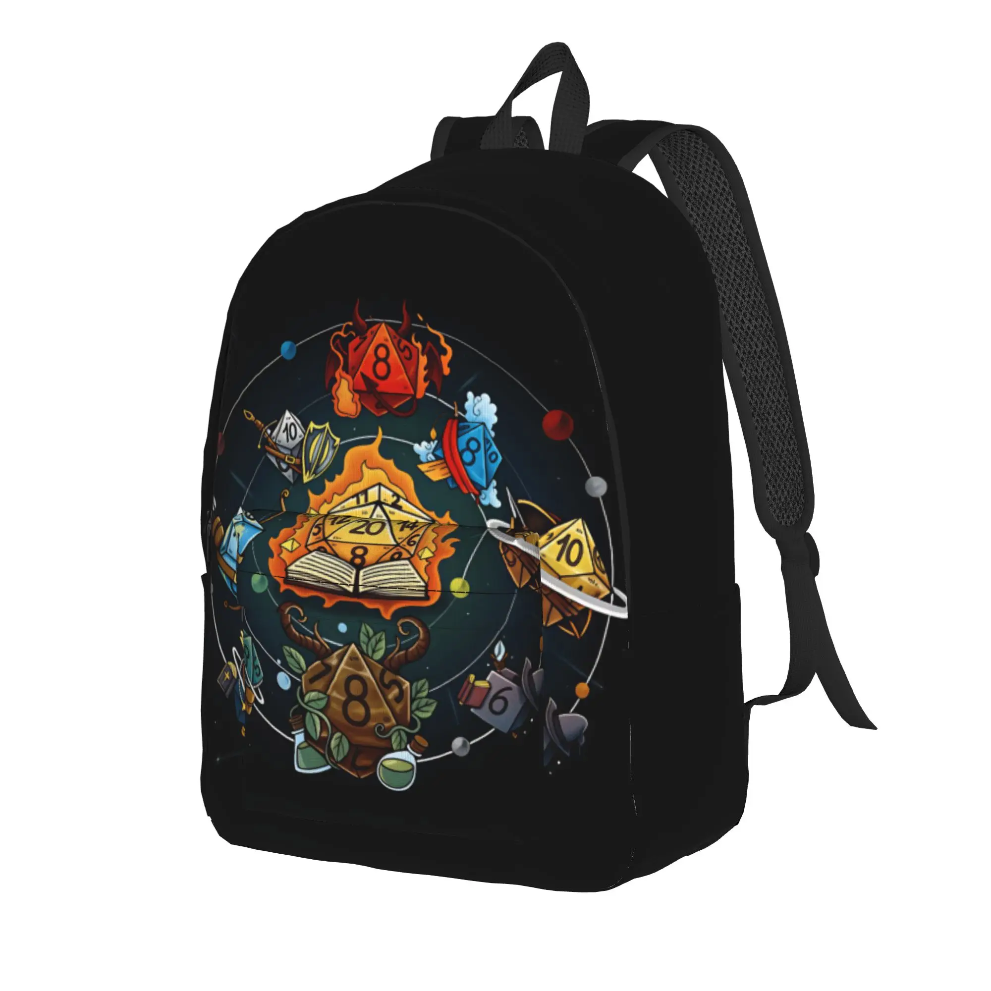 Medieval Dragon And D20 Dice Dnd Backpack  Boy Polyester Hiking Backpacks Large Stylish High School Bags Rucksack