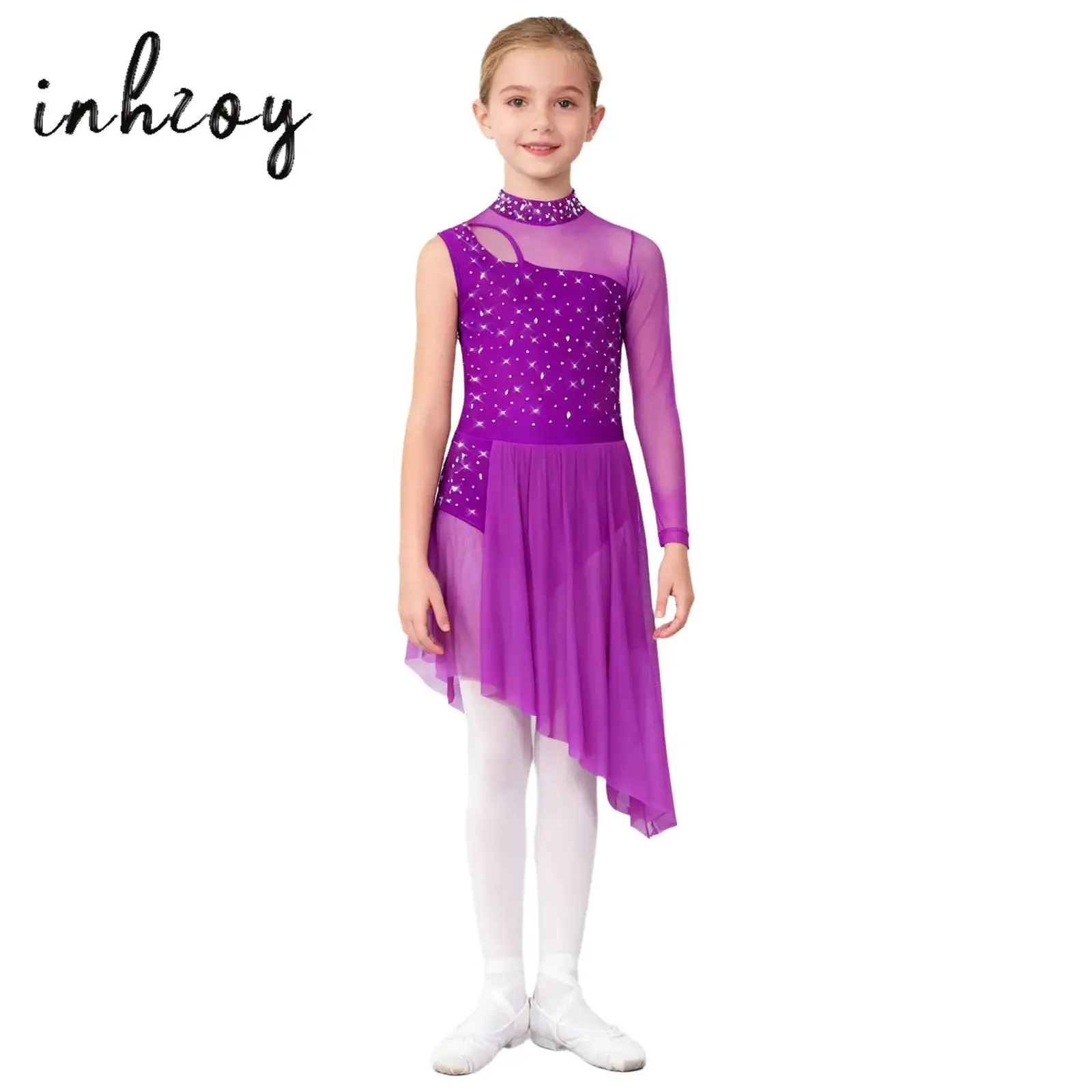 

Kids Girls Lyrical Dance Dress Mock Neck Asymmetrical Cutout Mesh Patchwork Shiny Rhinestones Side Split Leotard Dress Dancewear