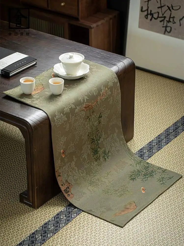 Chinese Zen-Style Xiangyun Silk High-End Women's Vintage Double-Sided Floral Dry Tea Teapot Mat, Table Runner