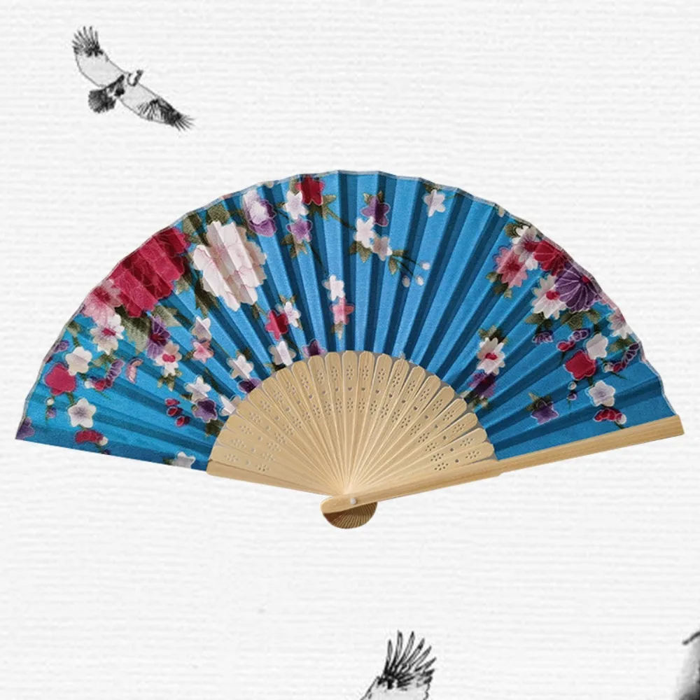 Silk Material Chinese Folding Fan Flower Pattern Bamboo Wood Silk Fan Pink Color Artificial Silk Vintage Fan Wedding Ceremony