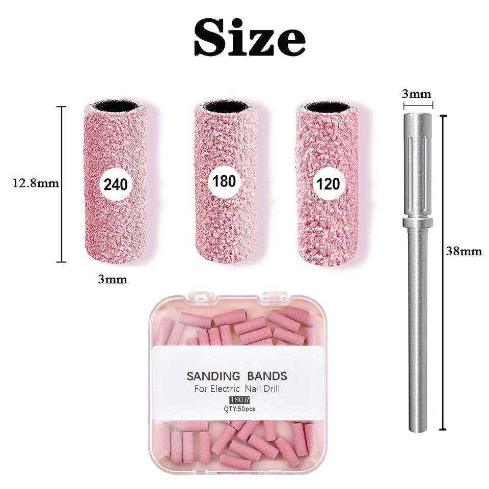 50 Piezas de Bandas de Lijado Rosas de 3MM con Mandril, Grado Fino 180, Limas Pequeñas para Uñas Acrílicas y Gel 2