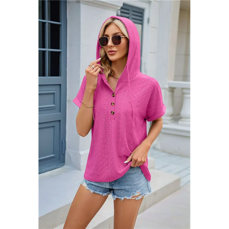 

ABP-Women Solid Color Button Hollow Out Hooded Blouse Women Summer Tops Casual Drawstring Pullover Tee Shirts