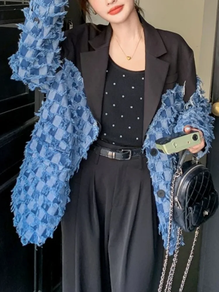 

Onecozyday Women's Loose Plaid Blazer Jacket Black Blue Contrast Color Notch Lapel Collar Long Sleeves Casual Coat Outerwears