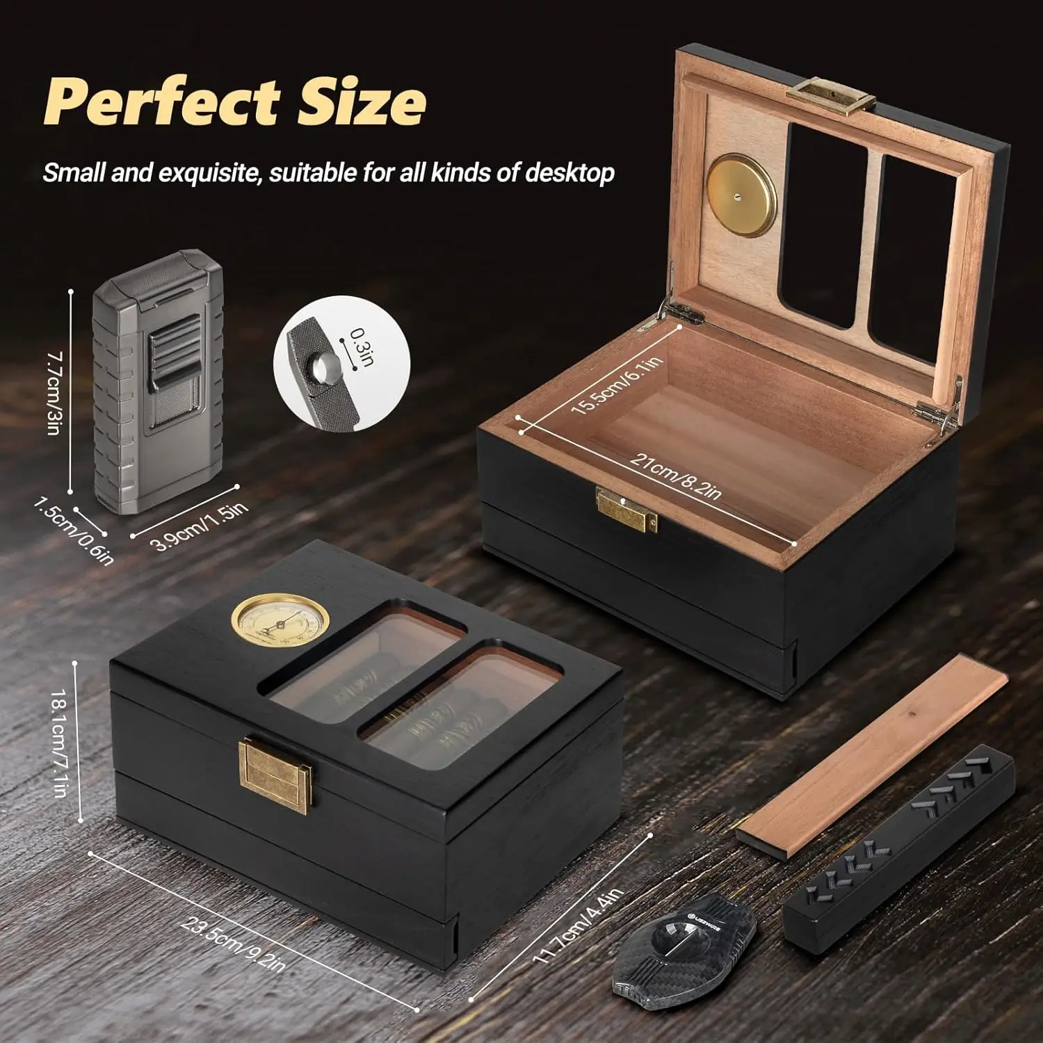 Cigar Humidor,Glass Top Cedar Wood Cigar Box,Humidor Cigar for 20-35 Cigars with Hygrometer,Cigar Lighter and Cigar V-Cutter