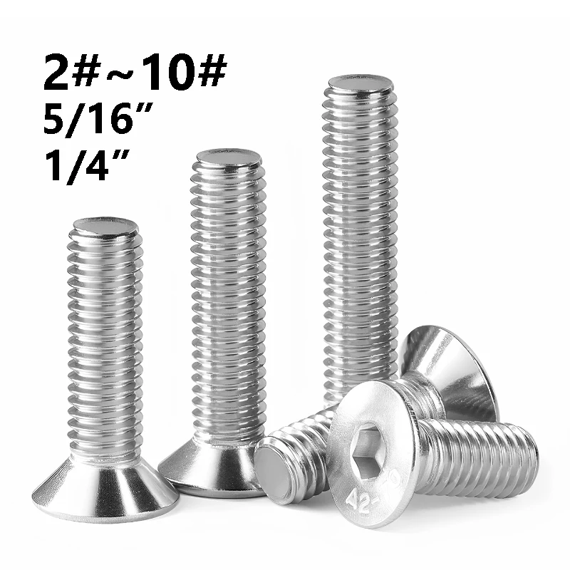 304 Stainless Steel Hex Socket Countersunk Flat Head Screws #2 #4 #6 #8 #10 1/4