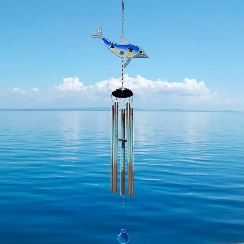 Creative Glass Wind Chimes Wrought Iron Metal Pendant Painted Seahorse Dolphin Bell For Courtyard Balcony Outdoor Hanging Decor