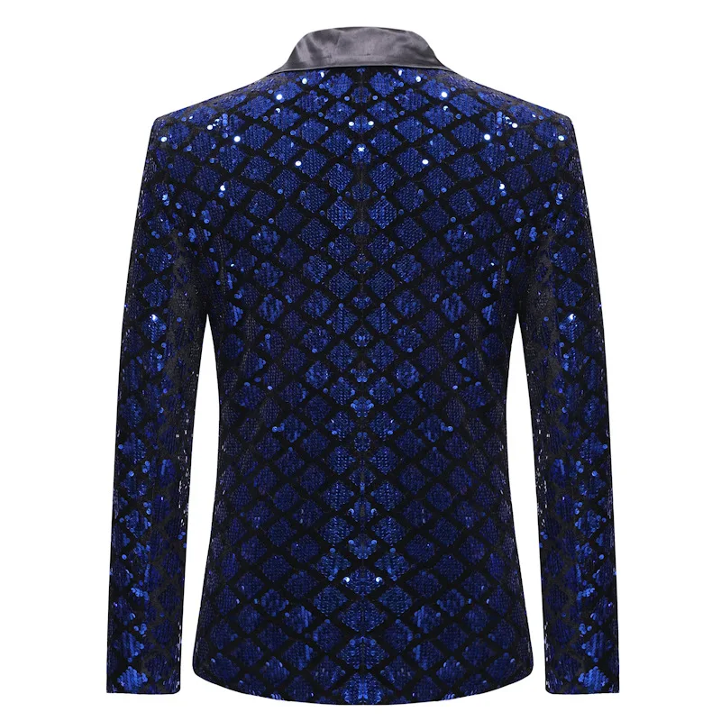 Blue Men Black Collar Suit Jacket, Glitter Sequin Decoration Wedding Party Dress Coat Black Silver Gold Fashion Blazers S M L XL