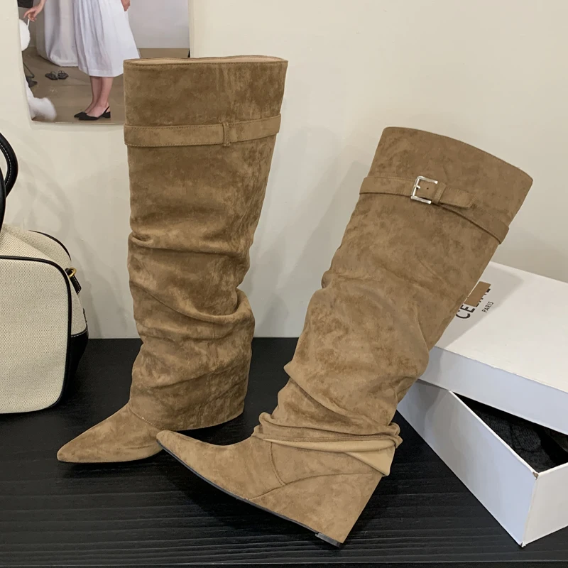 

Eilyken/сапоги до колена в стиле панк с острым носком, женская обувь на высоком каблуке на танкетке, осень-зима, Botas Largas De Mujer