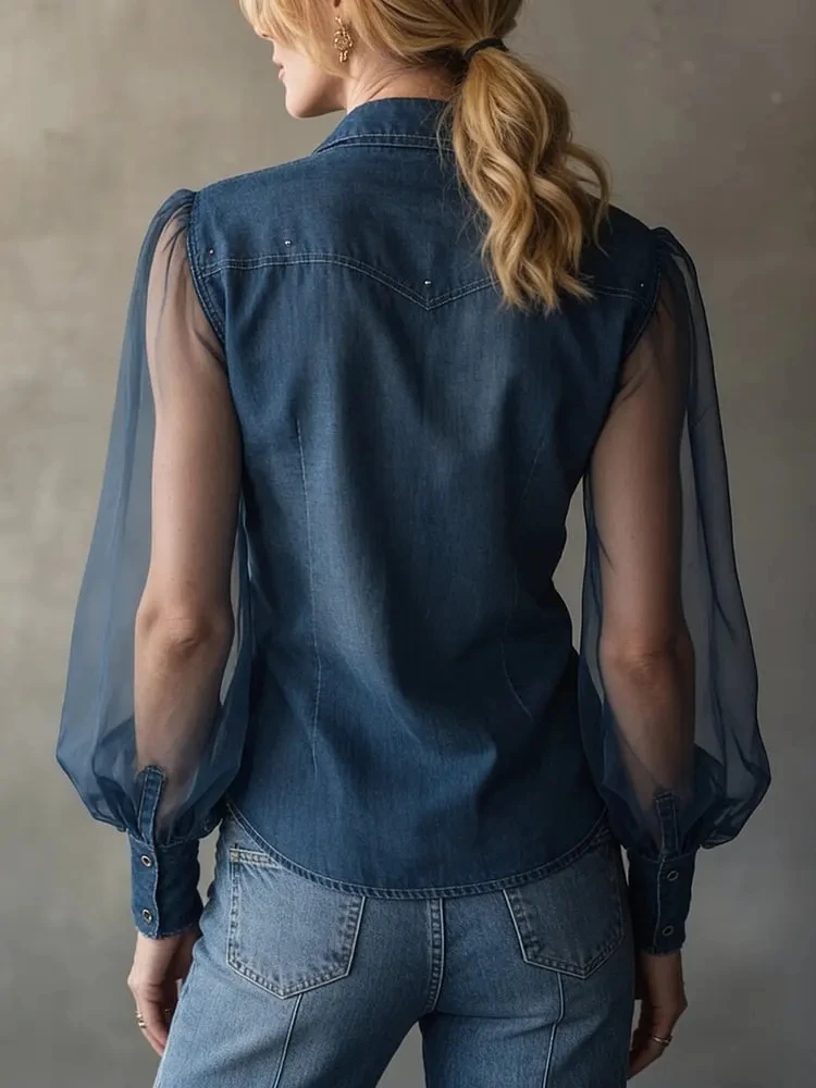 

Women Turn Down Collar Denin Shirt Long Sleeve Mesh Splice See Through Single Breasted Summer Vintage Elegant Office Lady Tops