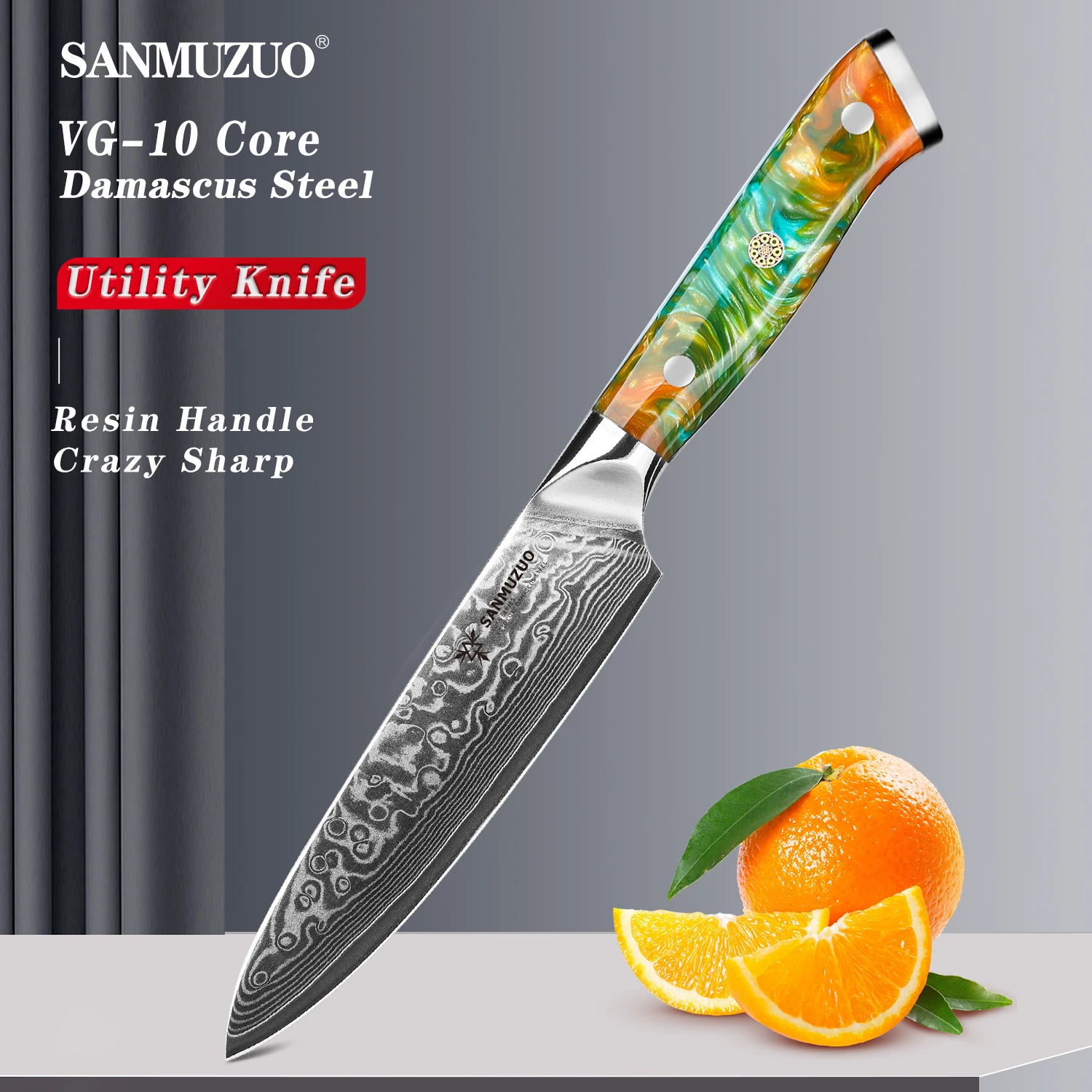 

SANMUZUO 5 Inch Kitchen Utility Knife - Xuan Series Kitchen Knives - VG10 Damascus Steel with Resin Handle