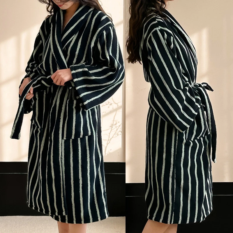 100% Cotton Towel Long Bathrobe Water Absorbent Quick-dry Sleep Robe For Couples Spring And Autumn Bath Towel Ins Striped Robes