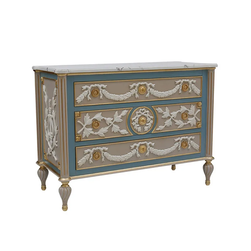 

European living room storage decorative cabinet French mahogany carving and color sticker living room entrance cabinet furniture