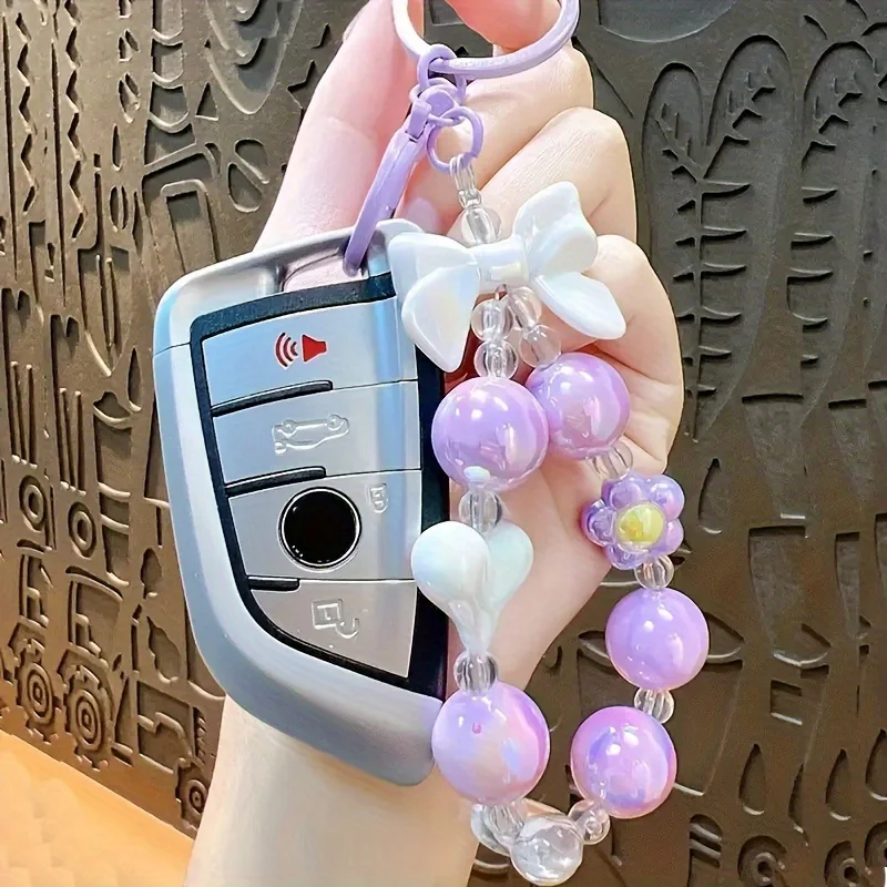 Creative Fresh Candy-Colored Plated Beaded Keychain with Bow and Heart Keychain Bag Charm