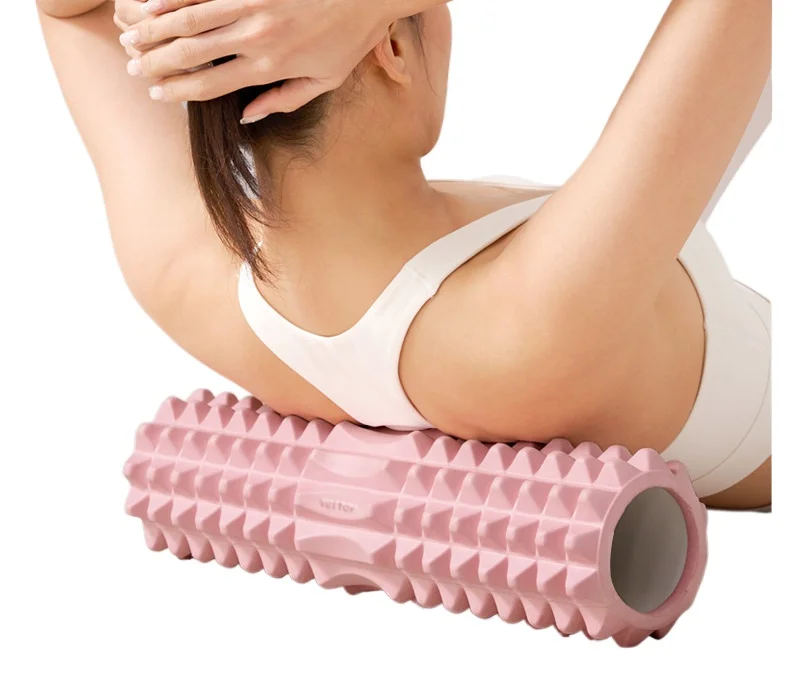 Foam roller, massage stick with bumpy nodes, single crescent massage stick, small spiky ball, yoga mat
