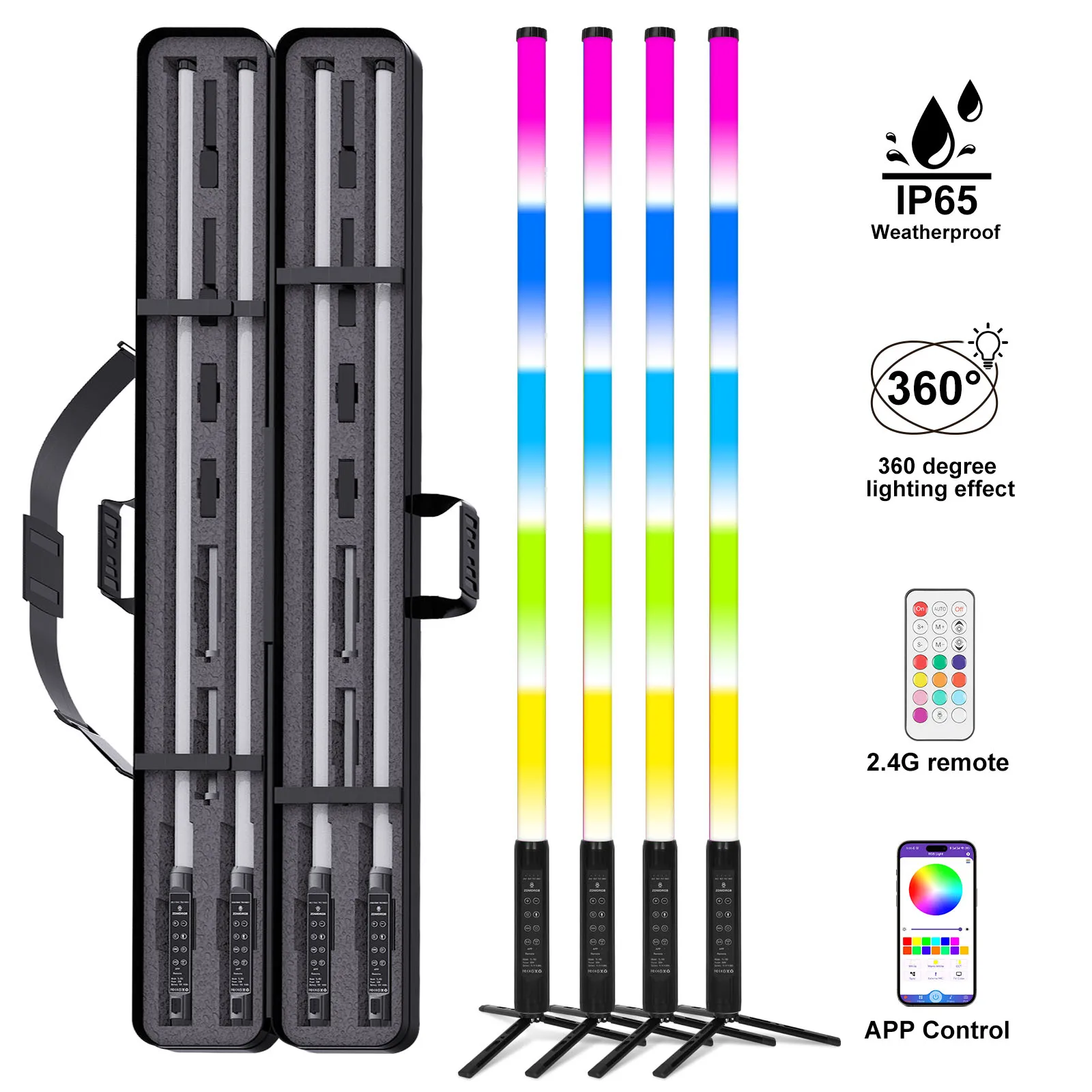 

4Pack TL-150 IP65 Waterproof APP Control D40 150cm RGBW 360 Led Pixel Tube Light Bar With Case Stage Dj Party Both Lighting