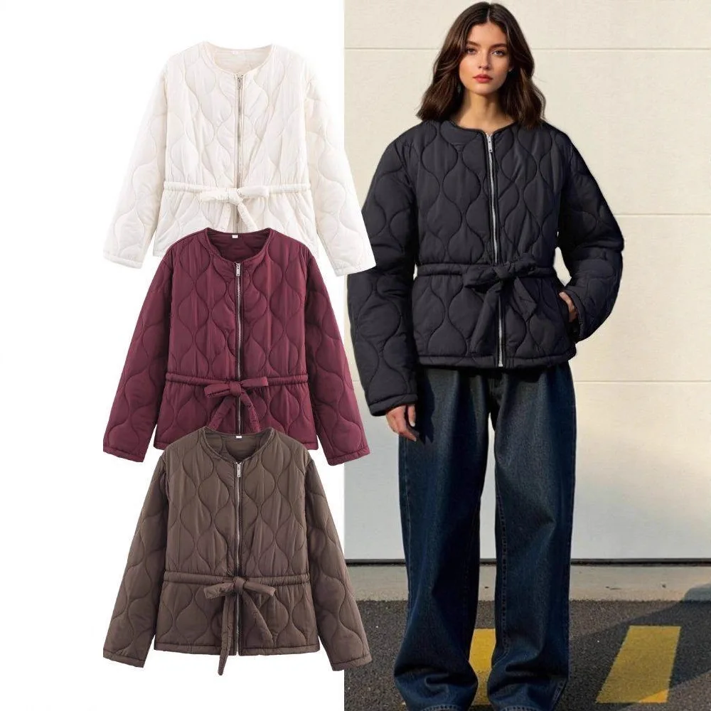 

Женская винтажная летная куртка на молнии, осень-зима, свободное стеганое хлопковое пальто с круглым вырезом, тонкая короткая верхняя одежда с длинными рукавами