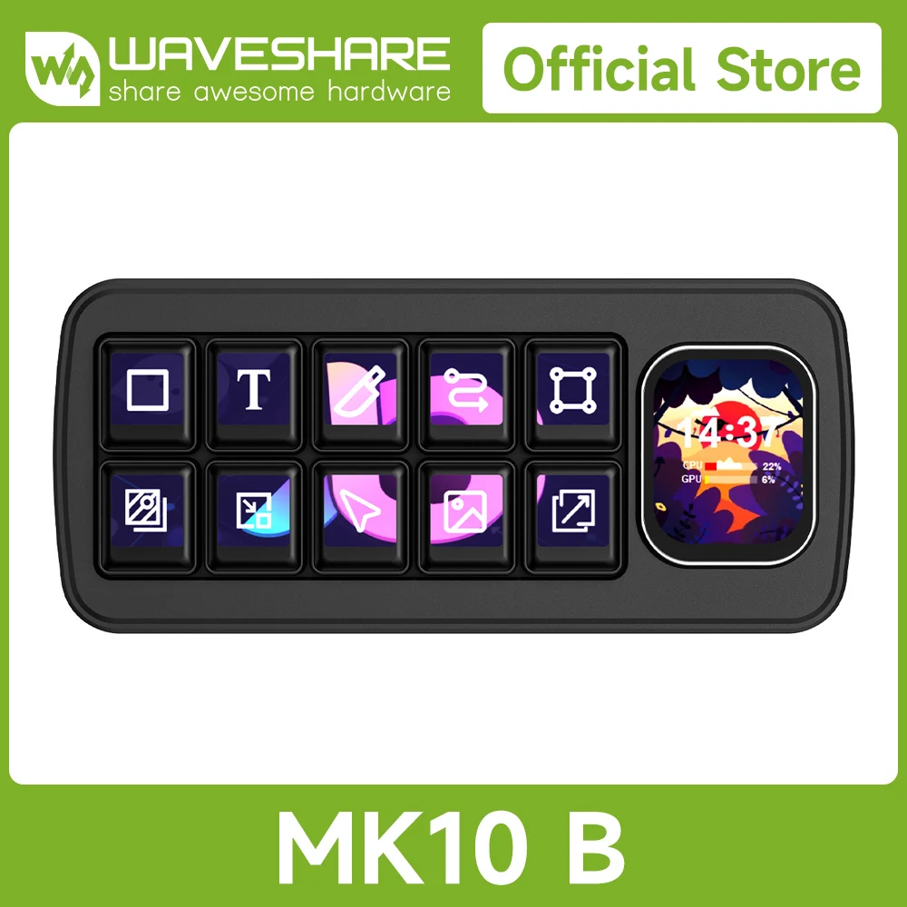 

Waveshare MK10 Multi-Functional AI Voice Control Panel, Onboard 10 × 0.85inch Mechanical LCD Macro Keys And A 2.01inch Secondary