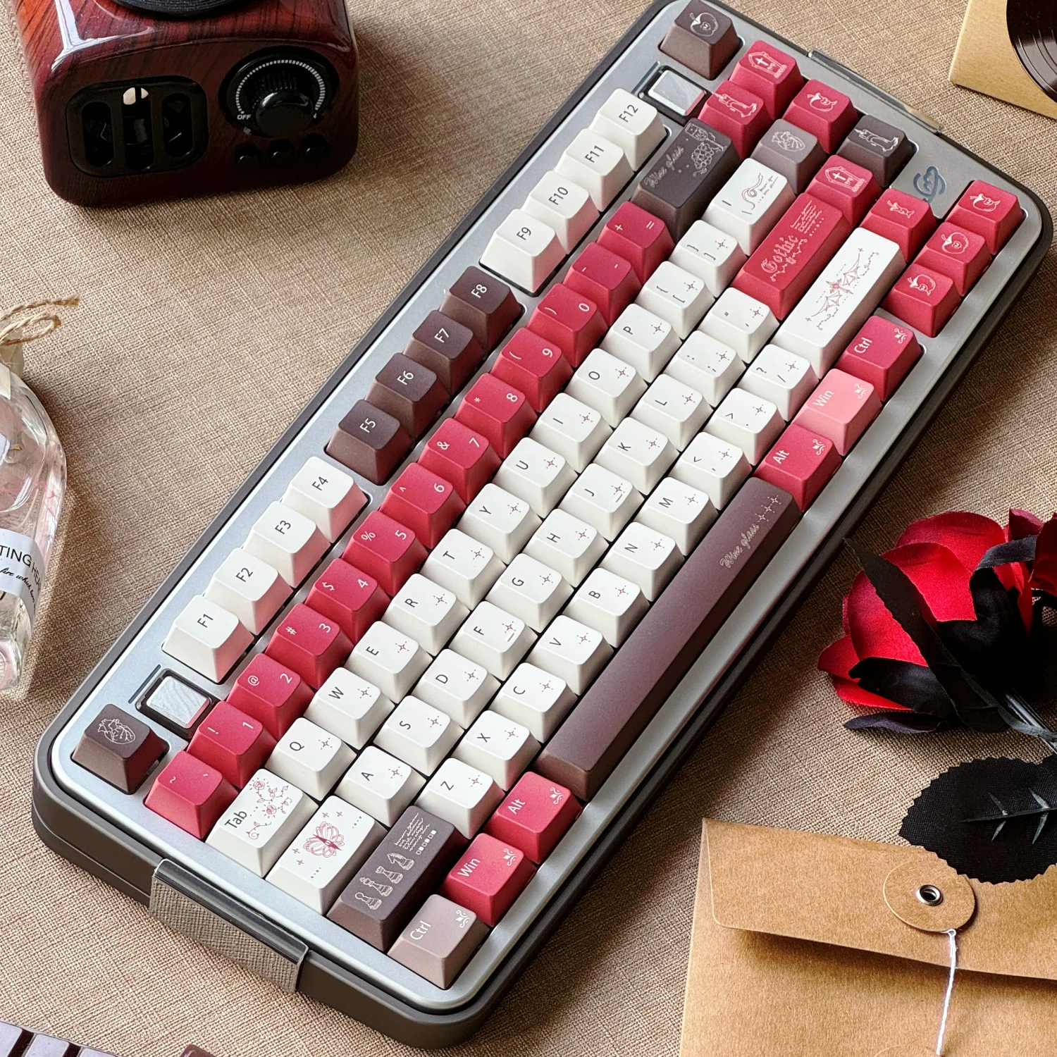 MAIMOOO Red Wine Glass Keycap Cherry Profile PBT Thermal Sublimation Retro Simple Red Brown Keycaps for Mechanical Keyboard