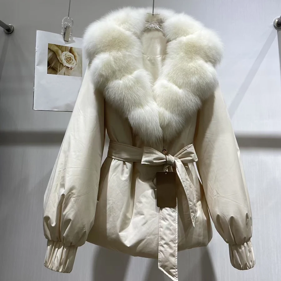 여성 다운 재킷 리얼 라지 폭스 퍼 칼라 아우터 리얼 퍼 코트 겨울 재킷 신상 벨트 루즈 푸퍼 파카