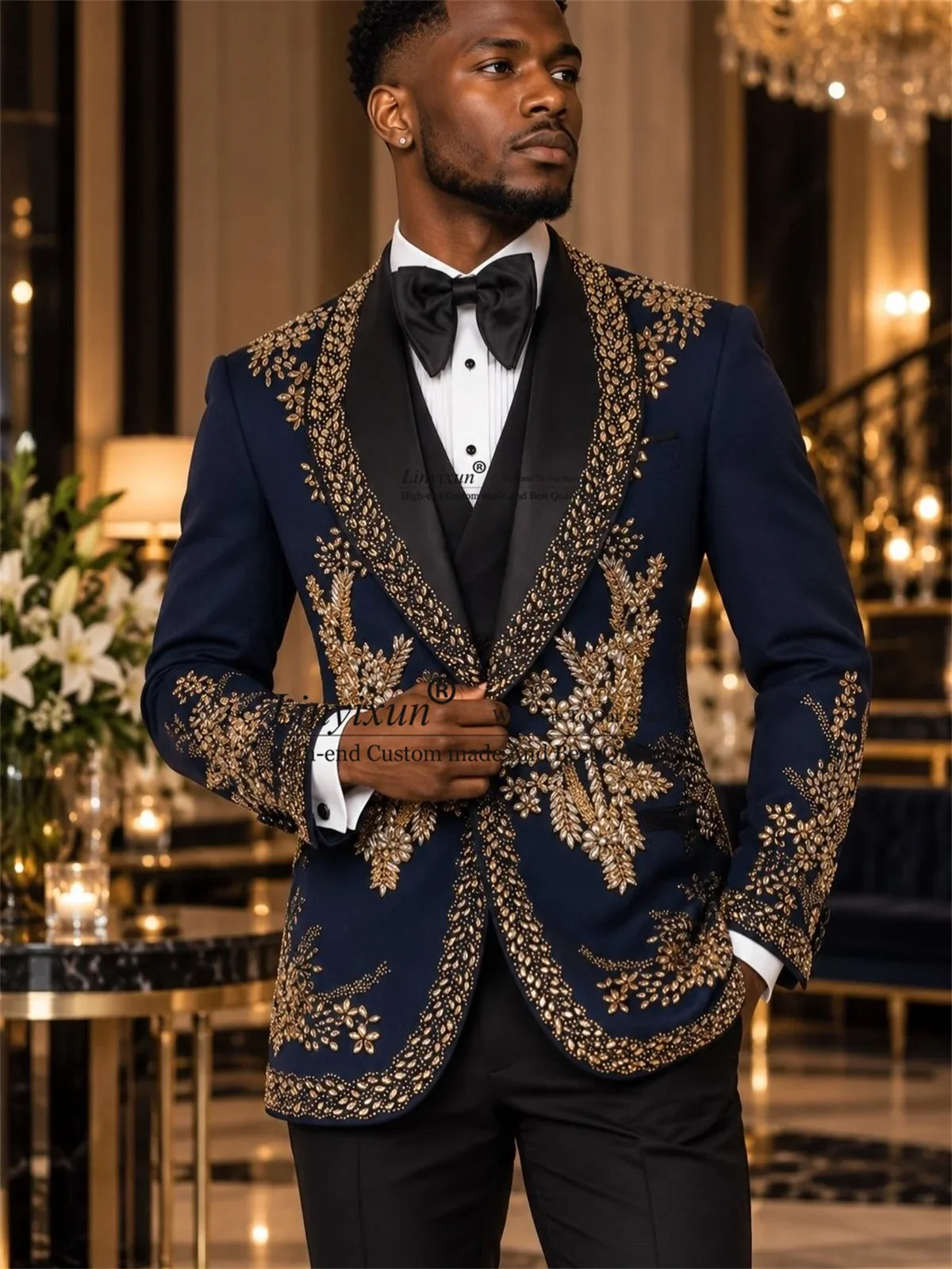 Sparkly Jewelry Diamond Men Suits Glitter Lapel Customized Groom Male Blazers 3 Pieces Sets Wedding Party Tuxedos ropa hombre
