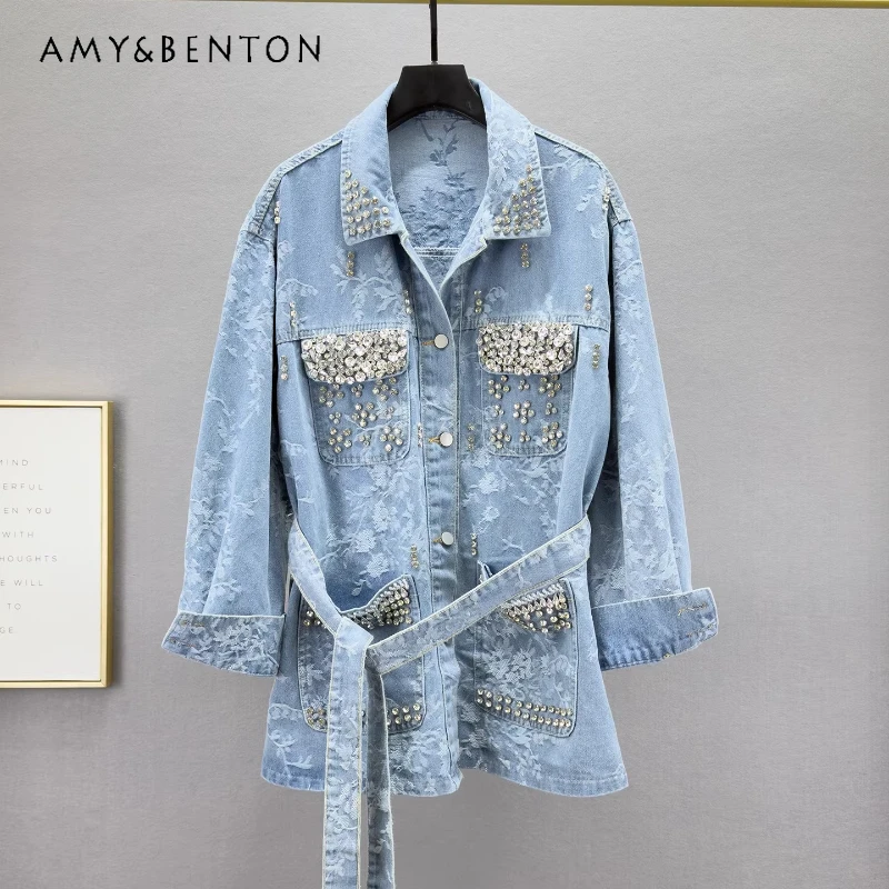 

Heavy Industry Diamond-encrusted Denim Women's Jacket Spring 2026 Medium Long Loose Retro Embroidered Versatile Jackets Ladies