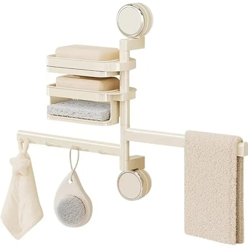 Y42A-Wall Mount Swivel Towel Rack For Bathroom, 180° Rotating Towel Bar With Integrated Soap Dish, Suction Cup Design Storage