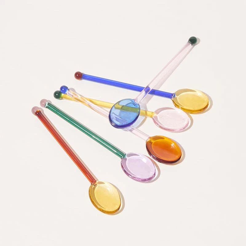 Colored Glass Mixing Spoons Transparent Glass Spoons For Fruit Juice Coffee Iced Beverage Mixing Spoons Home Tableware Dropship