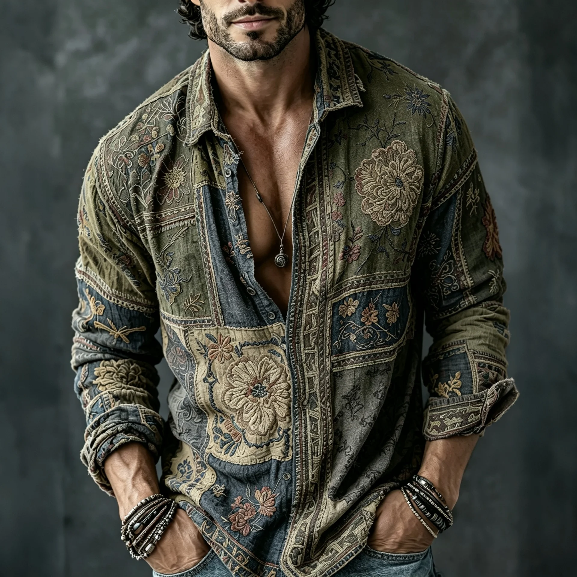 Vintage Men's Bohemian Floral Print Long Sleeved Shirt Collared Button Up Shirt Retro Hippie Casual Beach Vacation Top for Men