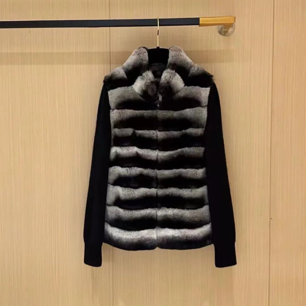 Jxwatcher Real Rex Fur Coat 2025 Spring Fashion Wool Coat Patchwork Knit Sleeves Ladies Stand Collar Fur Jacket Fall New Arrival