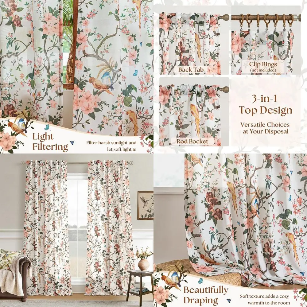 

120 Inch Beige Floral Bird Print Linen Curtains, 2 Panels with Back Tabs, Suitable for Living Room, Dining Room, and Bedroom, Bo