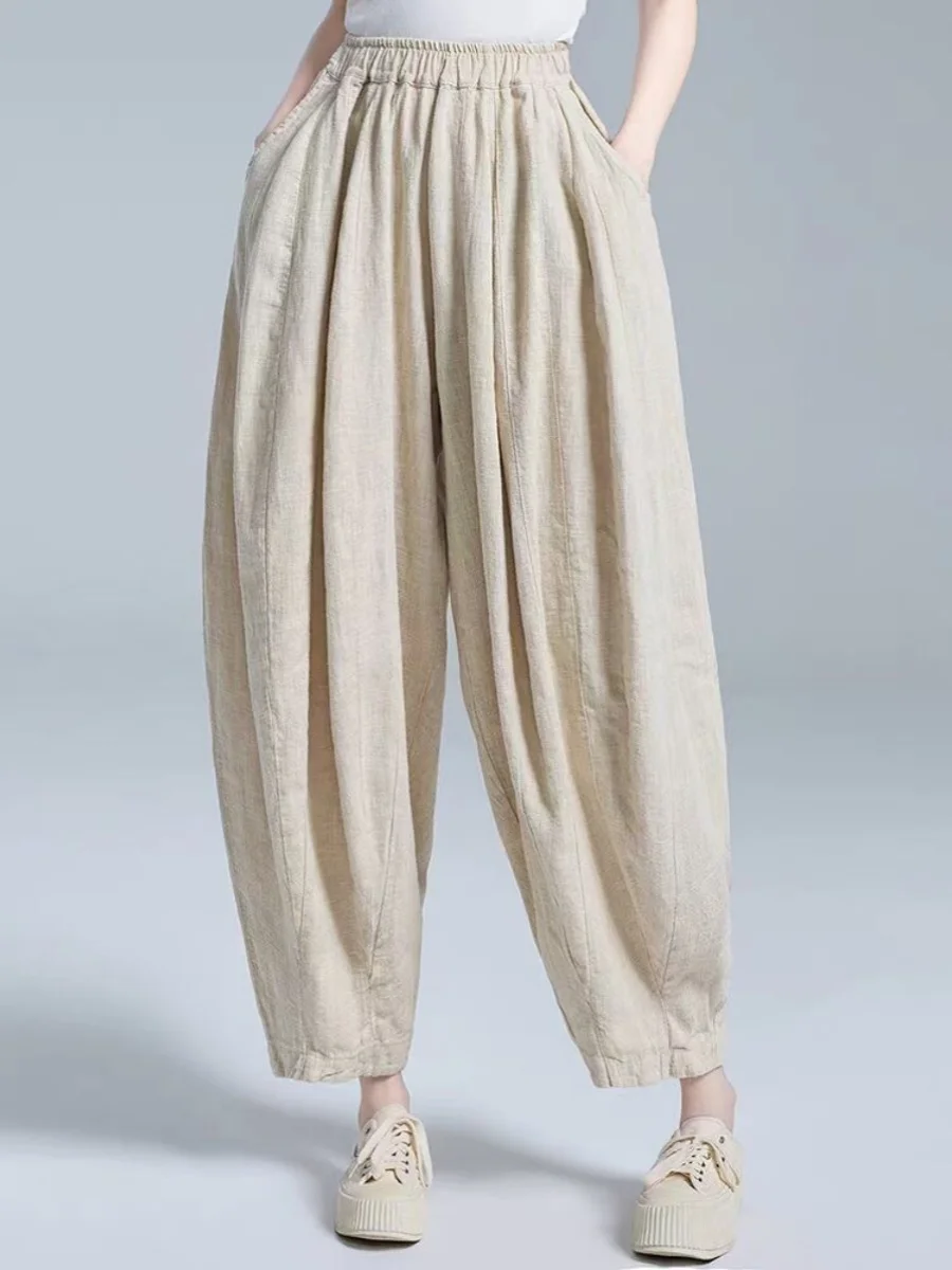 المرأة صيف 2025 جديد ريترو القنب فانوس السراويل فضفاضة واسعة الساق اليقطين السراويل القطن الكتان مريحة بناطيل كاجوال #2
