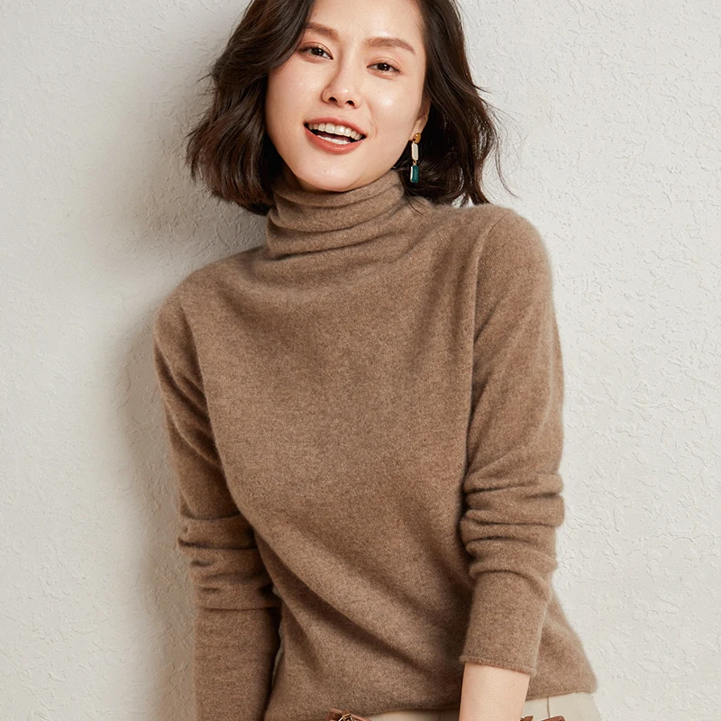 

Super Soft Glutinous Pure Cashmere Sweater High Collar Free Stacked Collar Solid Color Pullover Knitted Bottom Shirt for Women