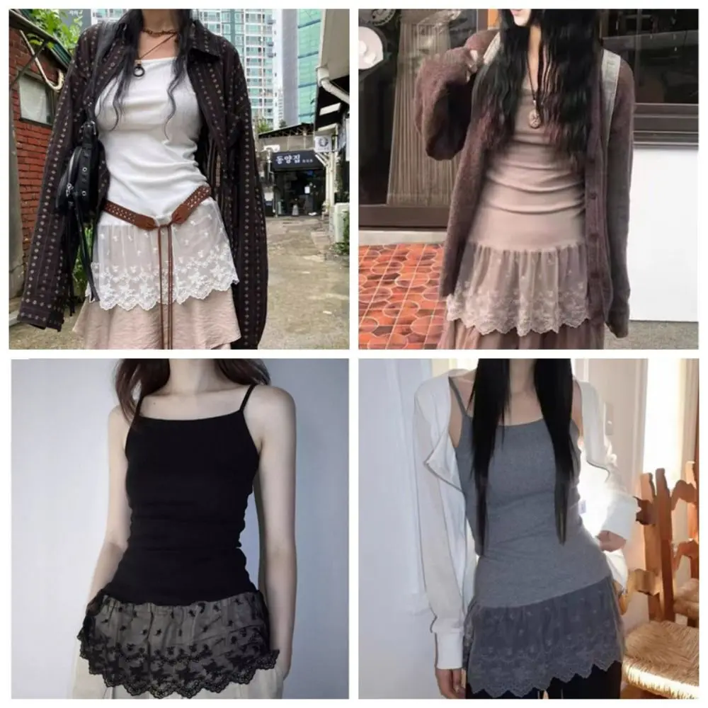 Sweet Cotton Lace Slip Dress Lace Slim Strap Layered Camisole Splicing Skirt Casual Spaghetti Strap Top Daily