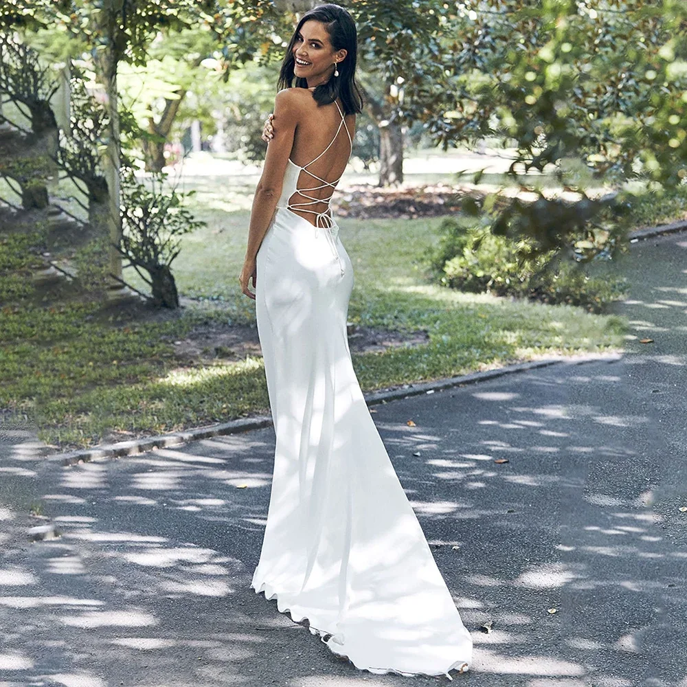 Sexy Mermaid Spaghetti Strap Cowl Neck Micro Wedding Dress Simple Sleeveless Crepe Bridal Gown Sweep Train Vestido De Novia