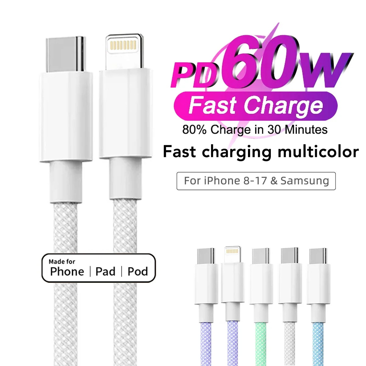 60W Max Fast Charging Data Cable Nylon Braided USB-C to Type C Color PD For iPhone 14 Samsung Data Sync