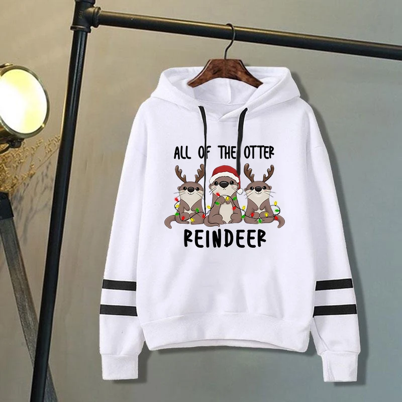 Fashion Women Christmas All Of The Otter Reindeer Print Hooded Sweatshirt Autumn Leisure Sports Pullover