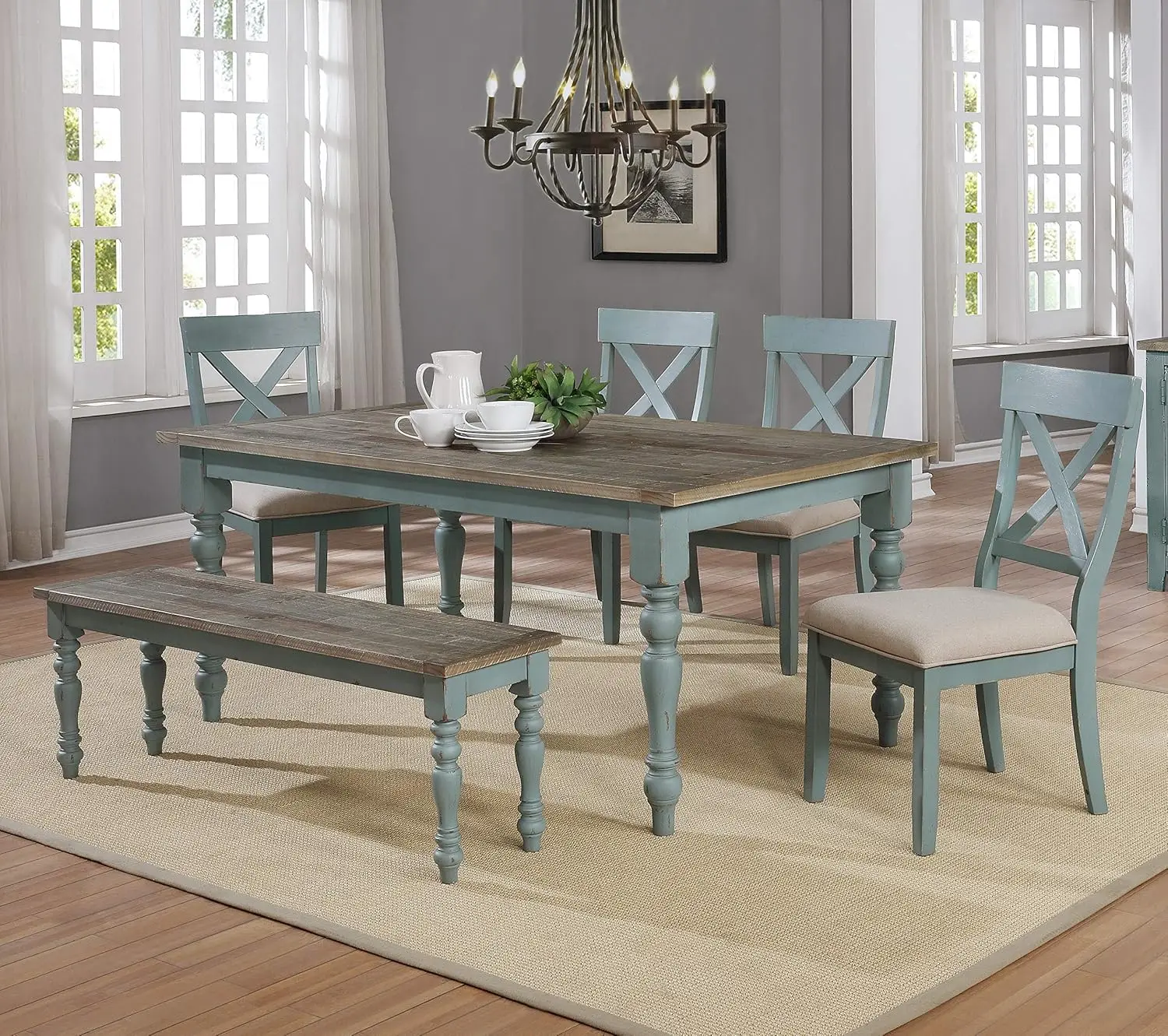 6-Piece Dining Set, Dining Table with 4 Cross Back Chairs and Bench Antique Blue and Distressed Walnut Finish