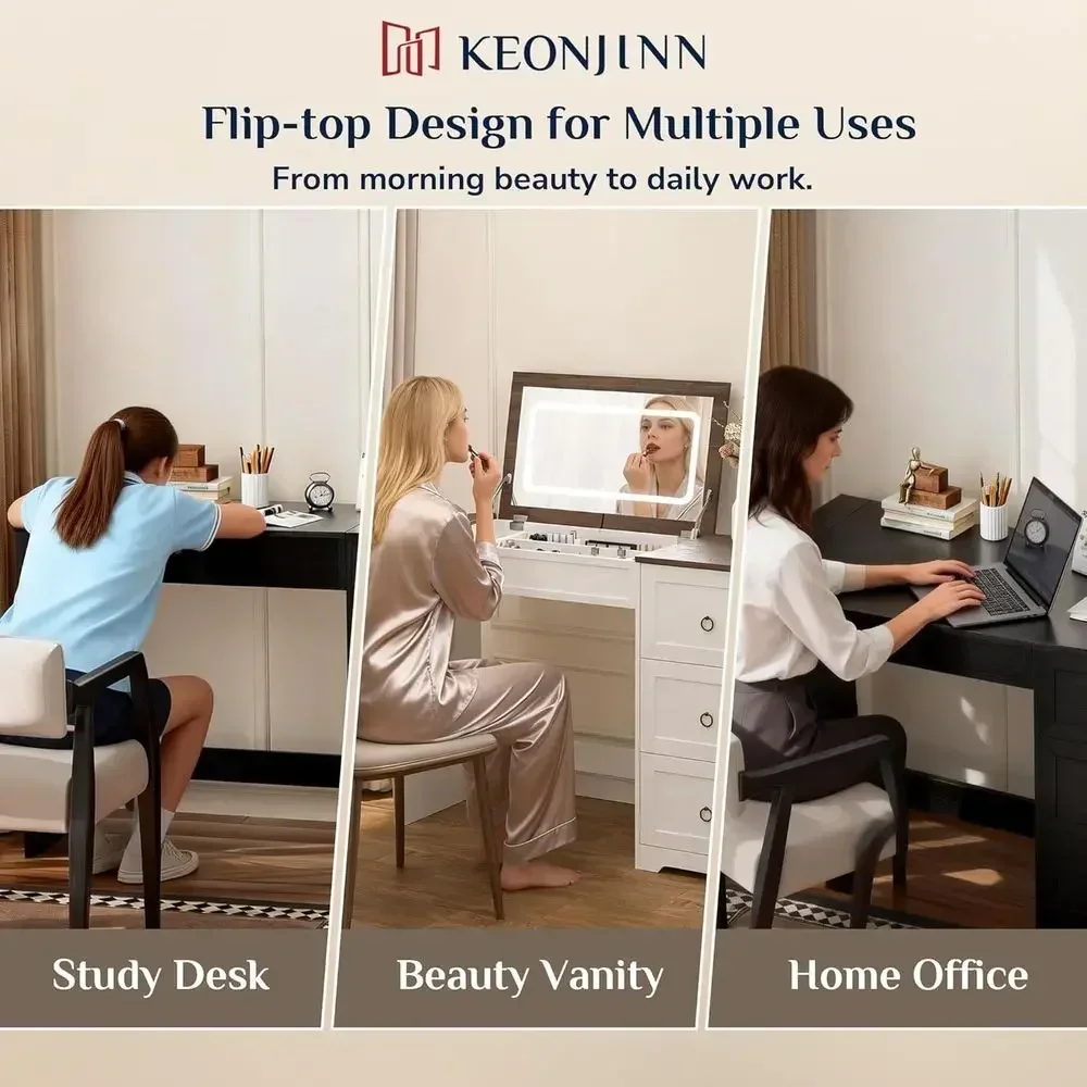 White Lip Vanity Desk with Mirror, Lights, 3D LED Lighting, Dimmable, Charging Station & Hairdryer Rack, 46 Warm House Maker Van